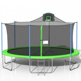 16FT Trampoline, 2021 Upgraded Outdoor Round Trampoline with Safety Enclosure, Basketball Hoop and Ladder, Outdoor Trampoline for Family School Entertainment, Heavy Duty Frame and Coiled Spring, B233