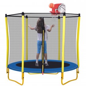 Elitezip 5.5FT Trampoline for Kids, 200 LBS Mini Toddler Trampoline with Enclosure, Basketball Hoop and Ball, 65 Outdoor & Indoor Mini Heavy Duty Trampoline with Superior Bounce, Galvanized Spring