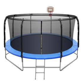 ARCTICSCORPION Trampoline With Balance Bar, 14 x 14 x 8.2 Feet 800lbs Load Safety Enclosure Net Basketball Hoop 2-Step Ladder For Toddlers, Black Blue