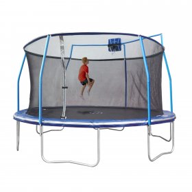 Bounce Pro 15' Trampoline, Basketball Hoop, Safety Enclosure, Blue