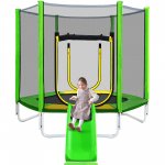 Elitezip 400 LBS Trampoline 7 FT for Kids Adults, Heavy Duty Outdoor Upper Bounce Trampolines, Backyard Trampoline with Enclosure Basketball Hoop, Slide Ladder, Stakes, Green ASTM CPC CPSIA