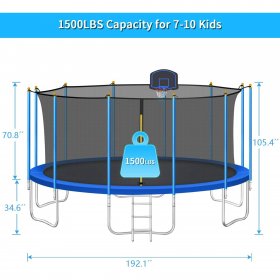 Elitezip Trampoline 16 FT 1500 LBS Capacity with Encloure Net and Basketeball Hoop, Light, Sprinkler, Heavy Duty Recreational Trampolins for Kids & Adults, Outdoor Backyard Fun, ASTM Approved, Blue