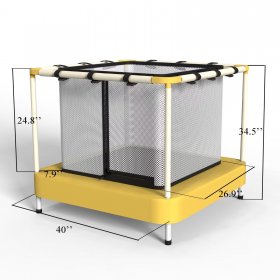 40 Mini Trampoline for Kids Toddler, Square Jumping Bouncer with Safety Enclosure Net and 4 Sturdy Poles, Indoor & Outdoor Playing Trampoline with Jumping Mat, Yellow
