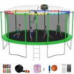 Jump Into Fun Trampoline 12 14 15 16FT, 1500LBS Trampoline for Adults/Kids, Trampoline with Enclosure, Basketball Hoop, Light, Sprinkler, Socks, Wind Stakes, Outdoor Recreational Trampolines, Green