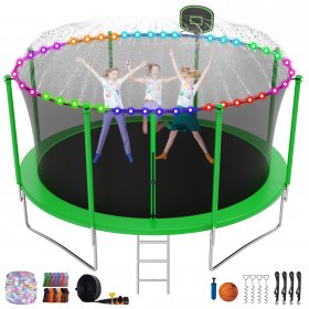 Elitezip Trampoline 12 FT 14 FT 16 FT 1500 LBS for Adults Kids No-Gap Design Heavy Duty Outdoor Big Trampolines with Basketball Hoop,Safety Enclosure Net Combo,Light,Sprinkler,Stakes-ASTM CPC CPSIA