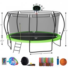 KOFUN Upgraded 14FT 1400lbs Trampoline for Adults, Recreational Trampoline with Basketball Hoop, ASTM Approved Trampoline for 5-6 Kids with Light, Sprinkler, Socks, Wind Stakes, Green