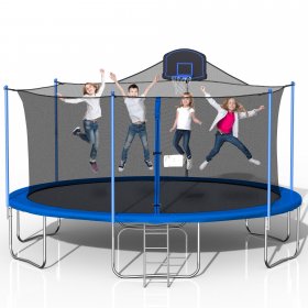 DreamBuck 16FT Trampoline for Adults Kids, 1500LBS No-Gap Design ASTM Approved, Outdoor Backyard Trampoline with Basketball Hoop, Enclosure, for Happy Family Time, Blue