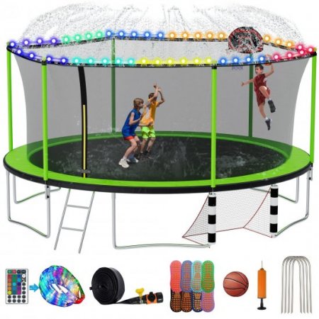 DreamBuck 1200LBS 16 FT Trampoline with Soccer Goal, 4 Anchors Kit, Sprinkler, Light, 8 Socks, Enclosure Net, Basketball Hoop, Trampoline for Kids Adults, Heavy Duty Outdoor Recreational Trampolines