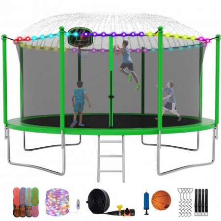 YORIN 1400LBS 14FT Trampoline with Enclosure, Basketball Hoop for Adults and Kids, Outdoor Trampoline with Sprinkler, LED Light, Socks, Ladder, Recreational Backyard Trampoline Capacity for 7-8 Kids