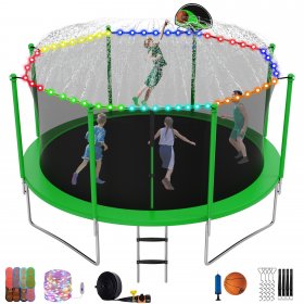 YORIN Trampoline 1400LBS 14FT Trampoline for 7-8 Kids Adults with Enclosure Net, Trampoline with Basketball Hoop, Light, Ladder, Sprinkler, Socks, ASTM Approved Round Recreational Outdoor Trampoline