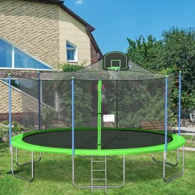 uhomepro 16-Foot Kids Trampoline with Basketball Hoop, Outdoor Trampoline with Safety Enclosure Net, Circular Trampolines for Adults Kids, Family Jumping and Ladder, Kids Basketball Trampoline