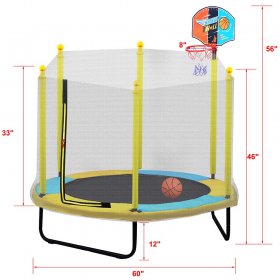 uhomepro 60 Kids Indoor Outdoor Trampoline, Small Toddler Trampoline for Boys Girls, Little Trampoline with Safety Enclosure Net, Basketball Hoop and Ball Included, Max Load 220lbs, Yellow