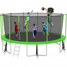 YORIN 1500LBS 16 FT Trampoline for Adults with Enclosure Net, Outdoor Trampoline Capacity 8-10 Kids, with Basketball Hoop, Ground Stakes, Ladder, ASTM Approved Large Backyard Recreational Trampoline