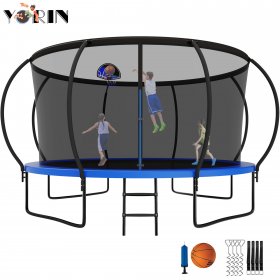 YORIN Trampoline for 5-6 Kids, 12 FT Trampoline for Adults with Enclosure Net, Basketball Hoop, Ladder, 1200LBS Weight Capacity Outdoor Recreational Trampoline, ASTM Approved Heavy Duty Trampoline