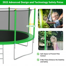 YORIN 1400LBS 14FT Trampoline with Enclosure, Basketball Hoop for Adults and Kids, Outdoor Trampoline with Sprinkler, LED Light, Socks, Ladder, Recreational Backyard Trampoline Capacity for 7-8 Kids