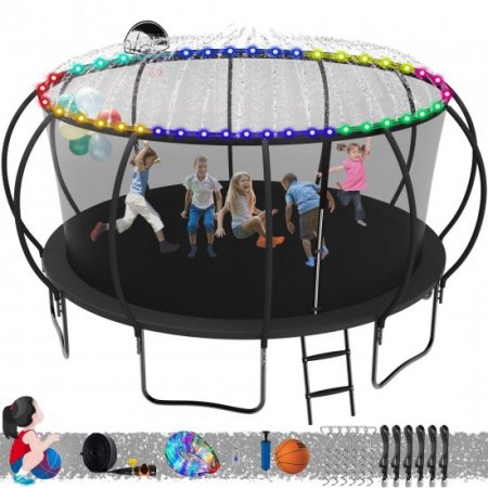 DreamBuck Upgraded Trampoline 12FT 14FT 15FT 16FT for Kids and Adults, Curved Poles Reinforced Type Pumpkin Trampoline with Basketball Hoop, Sprinkler, Light and Ladder, ASTM Approved, Black