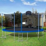 Aukfa Trampoline with Enclosure- 16 FT Kids Trampoline with Basketball Hoop for Outdoor Park Jumping Exercise- Blue