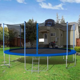 Segmart 16' Round Trampoline for Kids with Safety Enclosure Net, Basketball Hoop and Ladder Blue