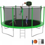 Jump Into Fun Trampoline, 12 14 15 16FT Trampoline for Adults/5-7 Kids, 1200LBS Trampoline with Enclosure, Basketball Hoop, Wind Stakes and Ladder, Outdoor Recreational Trampoline ASTM CPC CPSIA