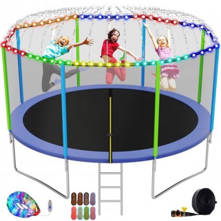 KOFUN 1000LBS 12FT 14FT Trampoline for Adults Capacity for 5-8 Kids, Outdoor Recreational Family Backyard Trampoline with Outer Enclosure Net, Sprinkler, Socks, LED Light, Ladder