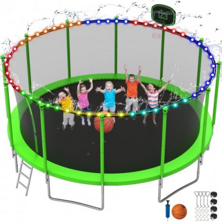 DreamBuck 1500LBS Trampoline for Adults and Kids, 12FT 14FT 15FT 16FT Trampoline with Enclosure, Ladder, Backyard Trampoline with Basketball Hoop and 4 Stake Anchors Sprinkler, Light Included