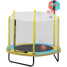 uhomepro 60 Kids Indoor Outdoor Trampoline, Small Toddler Trampoline for Boys Girls, Little Trampoline with Safety Enclosure Net, Basketball Hoop and Ball Included, Max Load 220lbs, Yellow