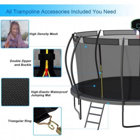 DreamBuck 14FT Pumpkin Shape Trampoline, 1200LBS Trampoline with Enclosure, Basketball Hoop, ASTM Approval, Recreational Outdoor Trampoline for Kids Adults Family Happy Time, Black