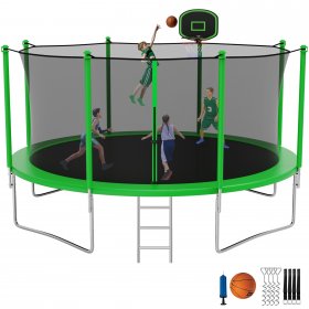 Jump Into Fun Trampoline, 14FT Trampoline for Adults/6-8 Kids, 1400LBS Trampoline with Enclosure, Basketball Hoop, Wind Stakes and Ladder, Outdoor Recreational Trampoline ASTM CPC CPSIA