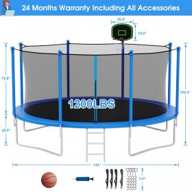 YORIN Trampoline, 16FT Trampoline for Adults and Kids, ASTM Approved 1500LBS Trampoline with Enclosure Net, Basketball Hoop, Ladder, and Shoe Holder Outdoor Heavy-Duty Recreational Trampolines