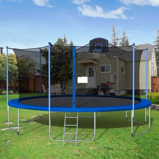 Segmart 16\' Round Trampoline for Kids with Safety Enclosure Net, Basketball Hoop and Ladder Blue