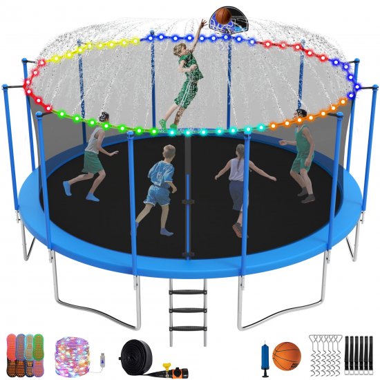 YORIN Trampoline 1500LBS 16FT 14FT 12FT 15FT Trampoline for 10 Kids Adults with Enclosure Net, Trampoline with Basketball Hoop, Light, Ladder, Sprinkler, Socks, ASTM Approved Round Outdoor Trampoline