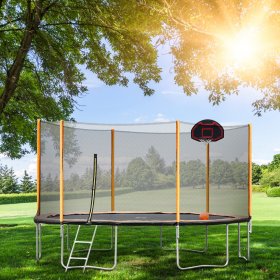14FT Trampoline, 2021 Upgraded Outdoor Round Trampoline with Safety Enclosure, Basketball Hoop and Ladder, Outdoor Trampoline for Family School Entertainment, Heavy Duty Frame & Coiled Spring, B4441
