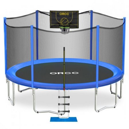 ORCC Basketball Trampoline 15 14 12FT Kids Trampoline Weight Capacity 450LBS with Safety Net Wind Stakes Rain Cover Ladder, Basketball Hoop