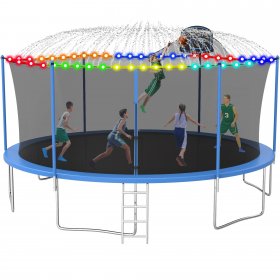 Jump Into Fun 16FT Trampoline with Enclosure Net for Kids/Adults, 1200LBS Outdoor Trampoline with Basketball Hoop, Light, Sprinkler & Socks, Capacity 10 Kids Recreational Trampoline ASTM CPC CPSIA