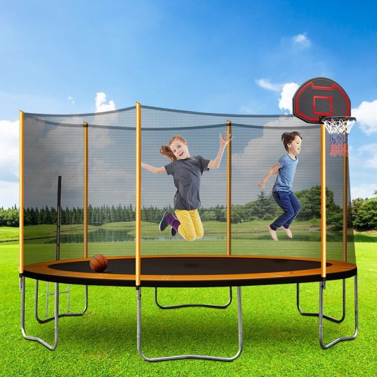 14-Foot Kids Trampoline, Outdoor Round Trampoline with Safety Enclosure Net, Basketball Hoop, Circular Trampolines for Adults, Family Jumping and Ladder, Kids Basketball Trampoline, Q11367