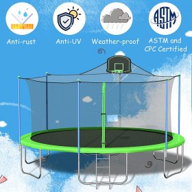 DreamBuck 16FT Trampoline for Adults Kids, 1500LBS No-Gap Design ASTM Approved, Outdoor Backyard Trampoline with Basketball Hoop, Enclosure, Sprinkler, Light and Socks, for Happy Family Time, Green