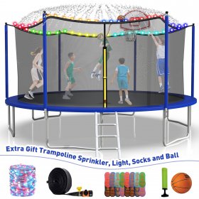 Jump Into Fun 1200LBS 16FT Trampoline for Adults/7-9 Kids, Outdoor Trampoline with Enclosure, Basketball Hoop, Light, Sprinkler & Socks, No-Gap Design Heavy Duty Outdoor Big Trampoline