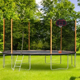 Trampoline with Enclosure on Clearance, New Upgraded 14-Feet Kids Outdoor Trampoline with Basketball Hoop and Ladder, Heavy-Duty Round Outdoor Backyard Bounce Jumper Trampoline for Boys Girls, LL510