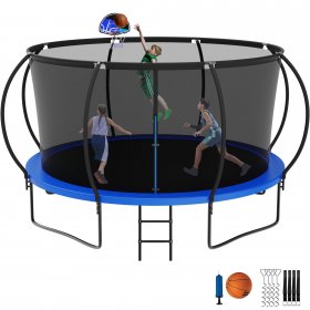 Jump Into Fun Trampoline with Enclosure, 12FT 1200LBS Trampoline for Kids/Adults with Basketball Hoop, Wind Stakes, Ladder, Outdoor Recreational Blue Trampoline Capacity 5-6 Kids, ASTM CPC CPSIA