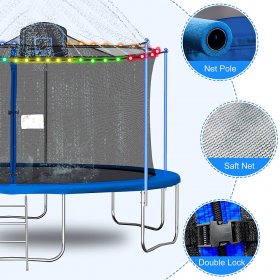 Jump Into Fun 16FT Trampoline with Enclosure Net for Kids/Adults, 1200LBS Outdoor Trampoline with Basketball Hoop, Light, Sprinkler & Socks, Capacity 10 Kids Recreational Trampoline ASTM CPC CPSIA