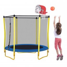 Toddler Trampoline with Safety Enclosure Net, 65 Kids Trampoline Little Trampoline with Basketball Hoop and Ball Included, Small Indoor Outdoor Trampoline for Boys Girls, Max Load 220lbs, Yellow
