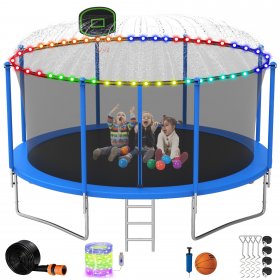 DreamBuck 1400LBS 14FT 12FT Trampoline for 7-8 Kids, Outdoor Trampoline with Enclosure Net, Sprinkler, Light, Basketball Hoop and Ladder, Heavy Duty Recreational Trampoline ASTM Approved