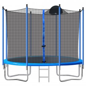 Trampoline with Enclosure, New Upgraded 10 Feet Kids Outdoor Trampoline with Basketball Hoop and Ladder, Heavy Duty Round Trampoline for Indoor Outdoor Backyard, L3740