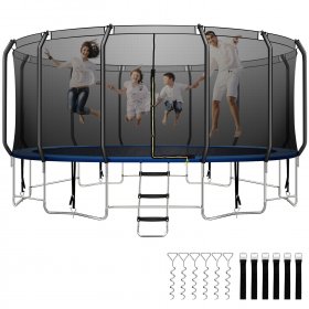 High-end 16FT Full 304 Stainless Steel Trampoline, Heavy-duty Outdoor Trampoline with Balance Bar & 6 Wind Stakes, 1500LBS & 1.6MM Thickened Tube, UV Safety Net , ASTM Approved Trampoline for Kids