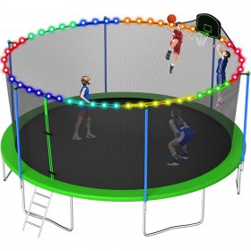 Jump Into Fun 16FT Trampoline with Enclosure Net for Kids/Adults, 1200LBS Outdoor Trampoline with Basketball Hoop, Lights and Non-Slip Socks, Capacity 10 Kids Recreational Trampoline ASTM CPC CPSIA