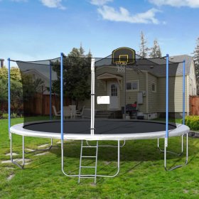 Outdoor Trampoline with Basketball Hoop, 16 FT Kids Trampoline with Safety Enclosure Net and Ladder, Round Trampoline Set, Bounce Jump Trampoline for Family School Play Entertainment, W9039