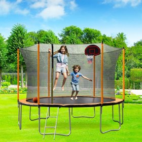 12-Foot Kids Trampoline, Outdoor Round Trampoline with Safety Enclosure Net, Basketball Hoop, Circular Trampolines for Adults, Family Jumping and Ladder, Kids Basketball Trampoline, Q11347
