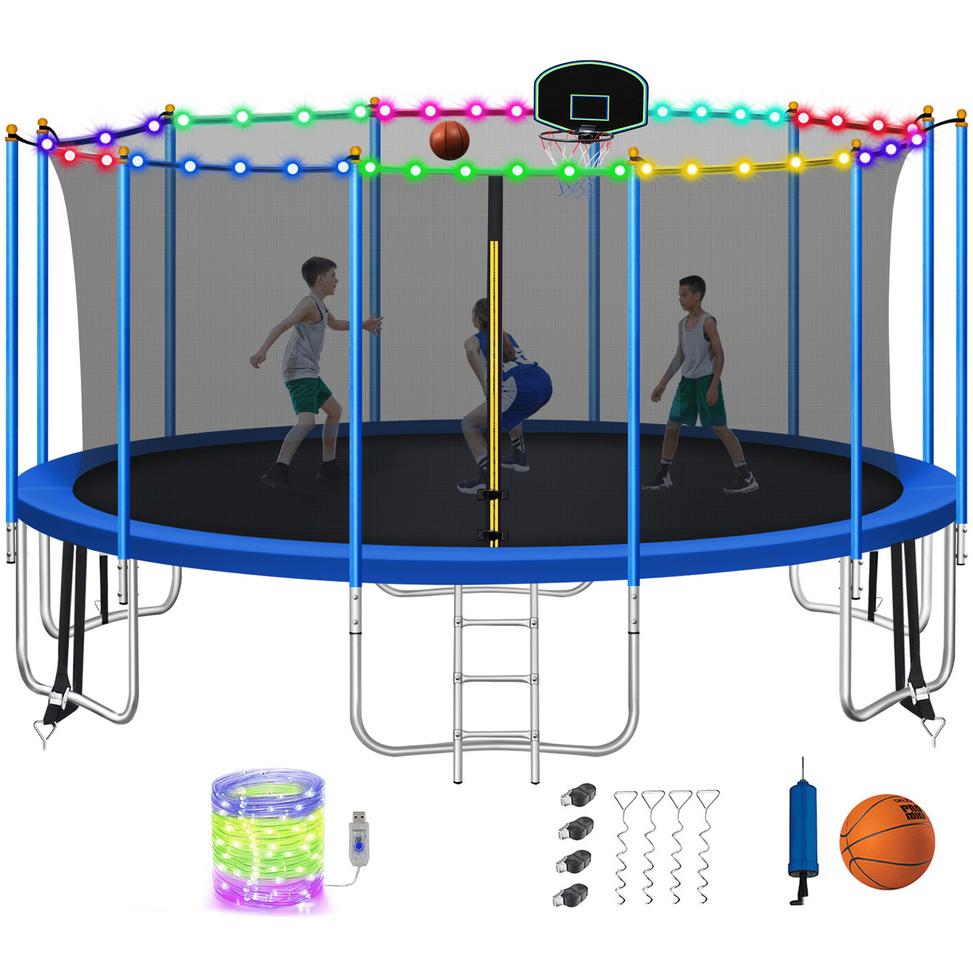 Jump Into Fun 16 FT Trampoline for Adults and 10 Kids with Enclosure, 1500LBS Heavy Duty Trampoline with Basketball Hoop, LED Lights, Wind Stakes, Outdoor Trampoline for Family ASTM CPSIA Approved