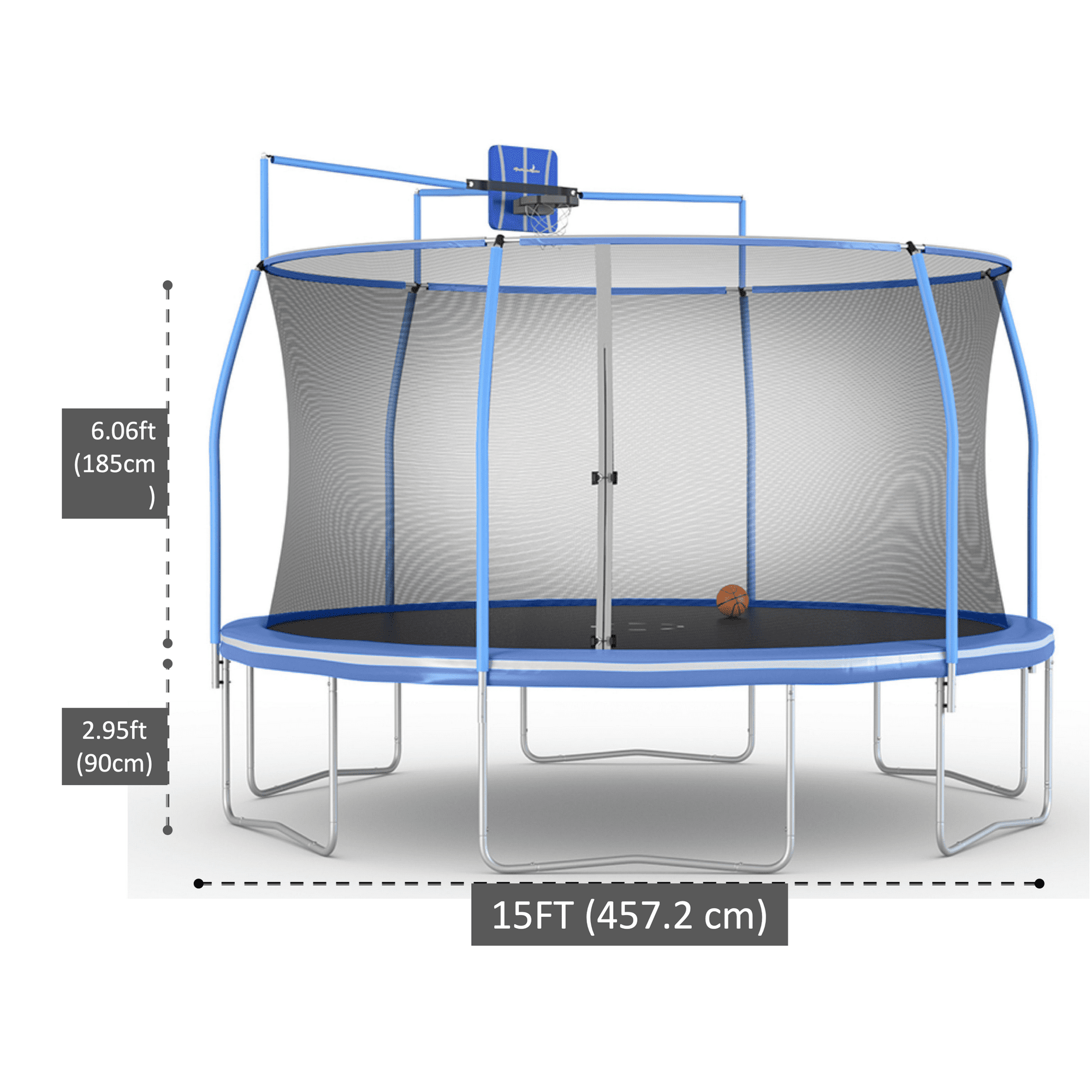 Bounce Pro 15' Trampoline, Basketball Hoop, Safety Enclosure, Blue